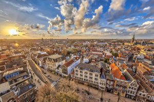 Aerial View over historic part of Groningen city at sunset